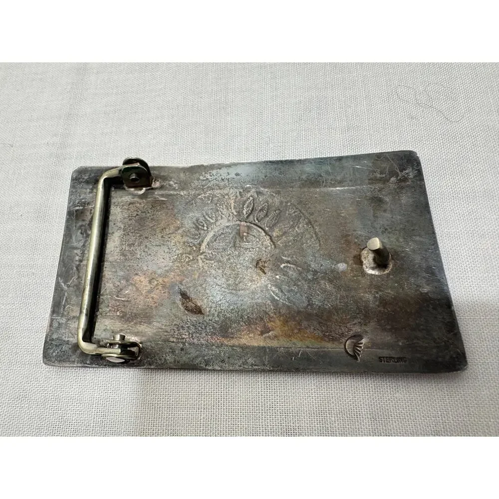 Vintage Hopi Sterling Silver Belt Buckle 44 gr Sunburst Engraved Native American